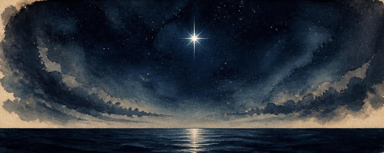 Étoile polaire au-dessus d'une mer calme — aquarelle