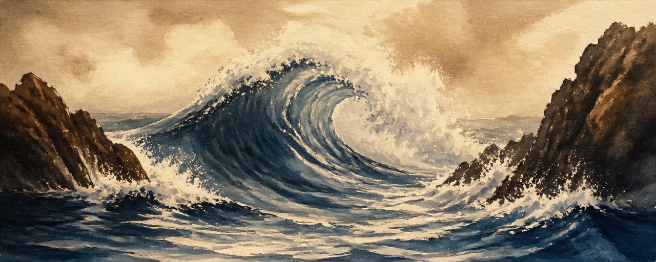 Vague qui se forme entre deux récifs — aquarelle