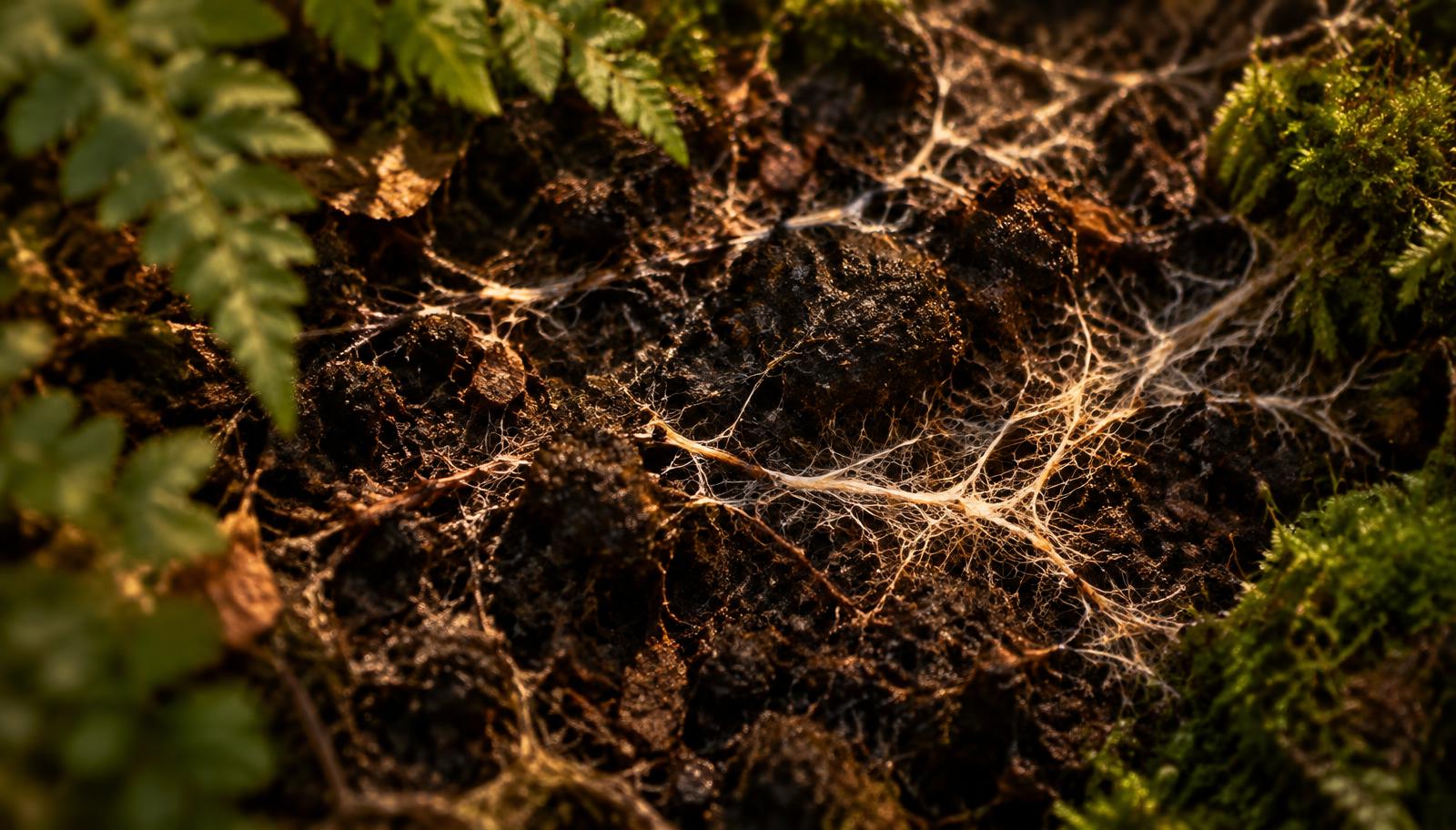 Un réseau de fins filaments de mycélium dans la terre de la forêt