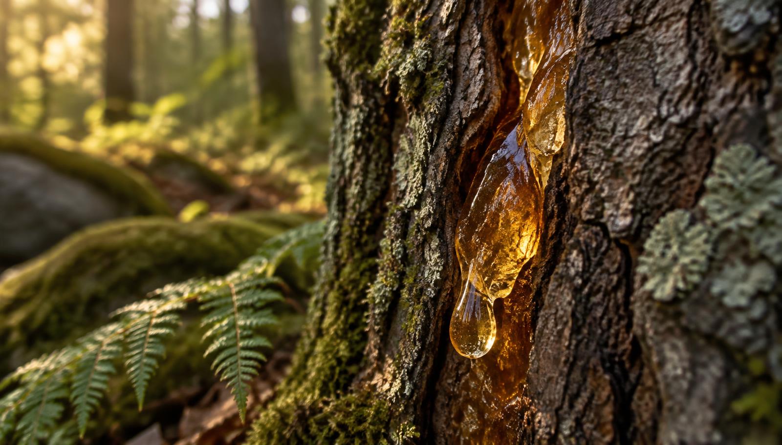 De la résine dorée qui scelle une fissure dans l’écorce